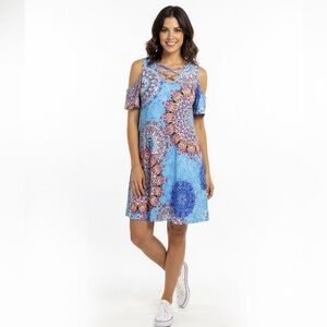 NWOT Colorful Mandala Cold Shoulder Dress Cottony Soft Stretchy Summery